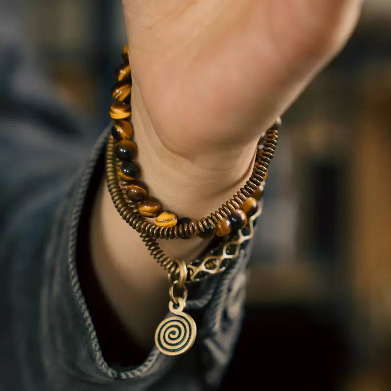 Vintage Multi-Layer Tiger Eye Beaded Bracelet Handmade Brass Accent Jewelry for Men & Women