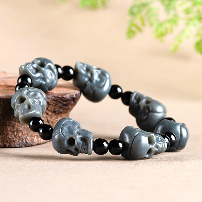 Natural Hetian Grey Jade Skull Bracelet – Hand-Carved Skull Beads, Unique Feng Shui Jewelry for Men & Women