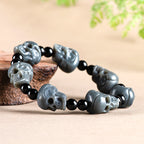 Natural Hetian Grey Jade Skull Bracelet – Hand-Carved Skull Beads, Unique Feng Shui Jewelry for Men & Women