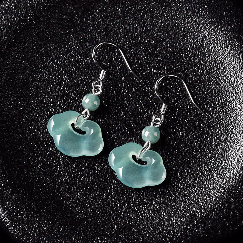 Natural A-Grade Blue Water Jadeite Ruyi Earrings – S925 Silver, Ice Jade for Women