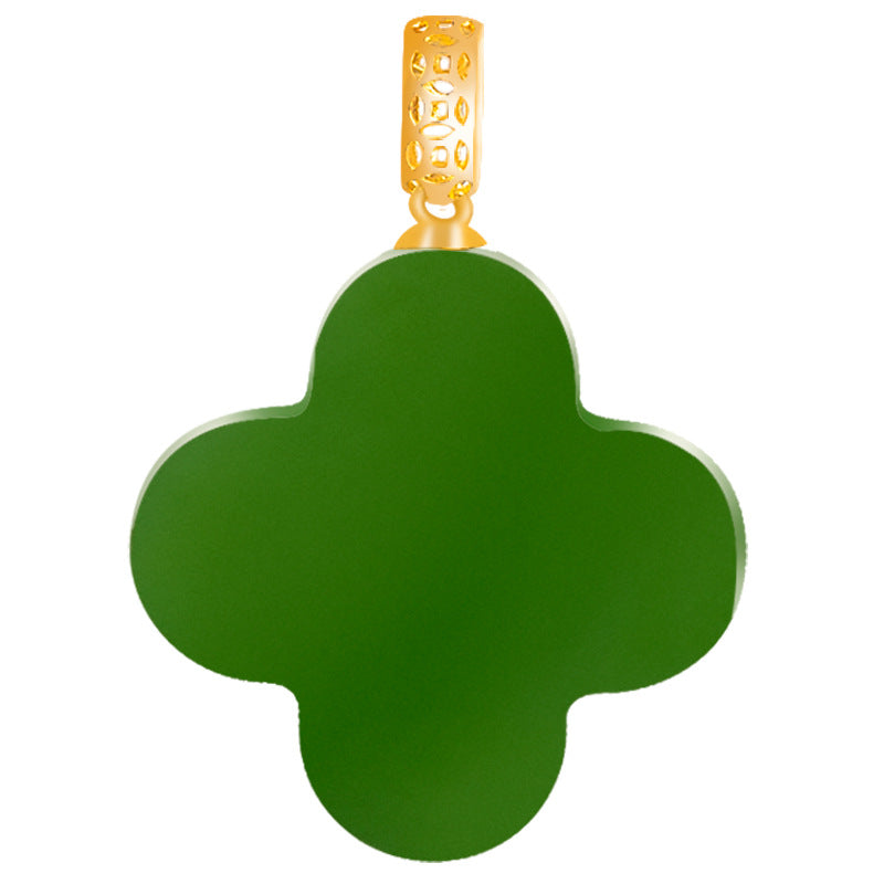 Natural Spinach Green Aged Hetian Green Jade Four-Leaf Clover Pendant with 18K Gold for Women
