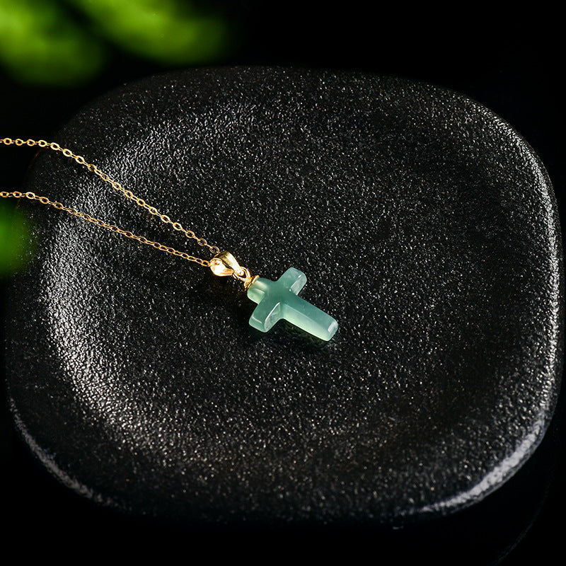 Natural A-Grade Blue Water Jade Cross Pendant for Women — S925 Sterling Silver Setting