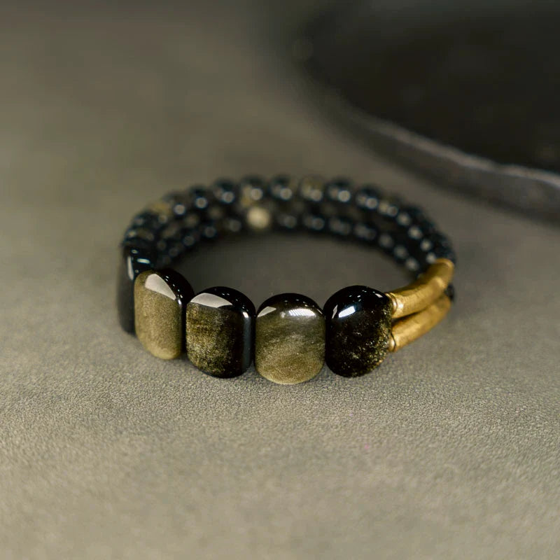 Natural Black Obsidian & Cat’s Eye Gold Obsidian Double-Layer Bracelet for Men & Women
