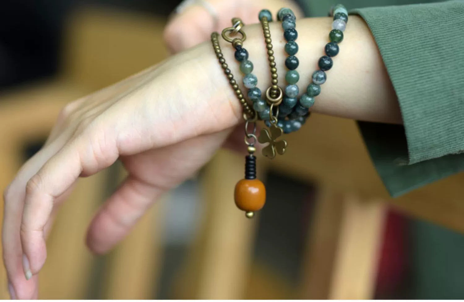 Vintage Multi-Layer Moss Agate & Yellow Jade Bead Bracelet – Buddhist Wrap Bracelet