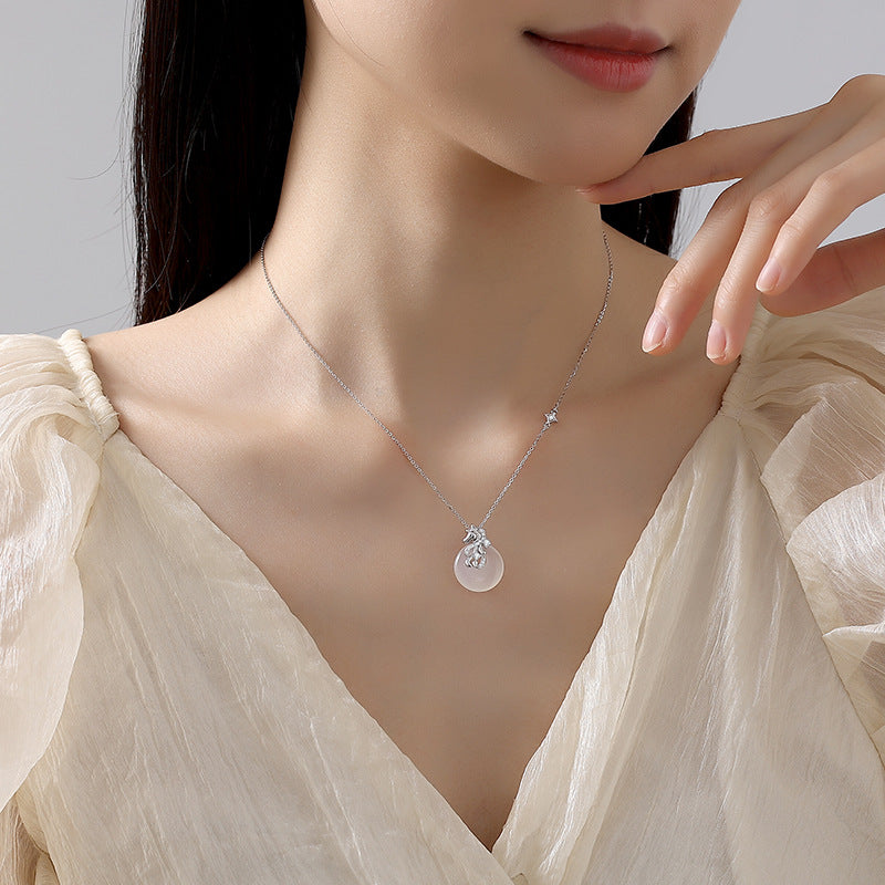 Women’s S925 Silver Star Dream Horse Peace Circle Necklace, White Jade Zodiac Horse Jewelry