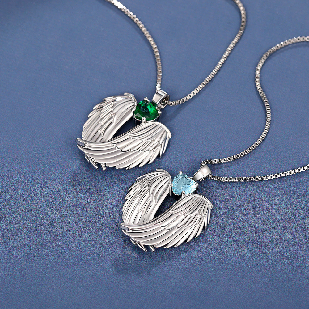 Angel Wings Zircon Necklace – Sparkling Wing Pendant in Green or Blue