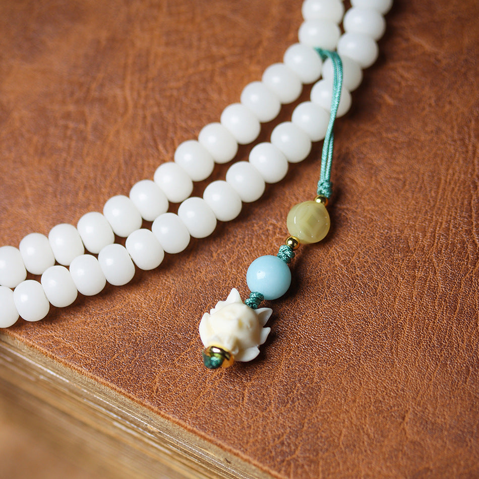 108 Mala Beads White Jade Bodhi Bracelet with Little Fox Pendant