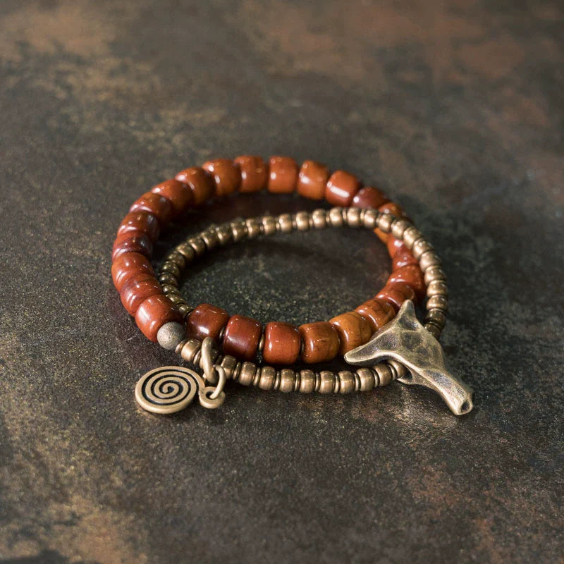 Tibetan Handmade Double-Wrap Yak Bone & Brass Bull Head Bracelet · Primal Strength, Sacred Grounding