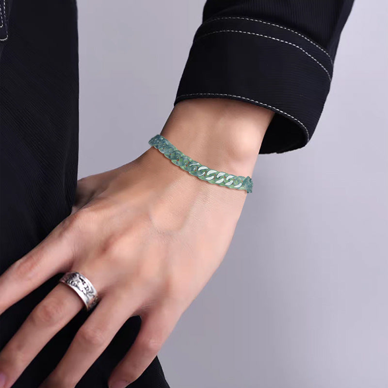 Natural A-Grade Blue Water Jadeite Cuban Link Bracelet – Ice-Type Jade, Titanium Steel, Hip-Hop Style for Men
