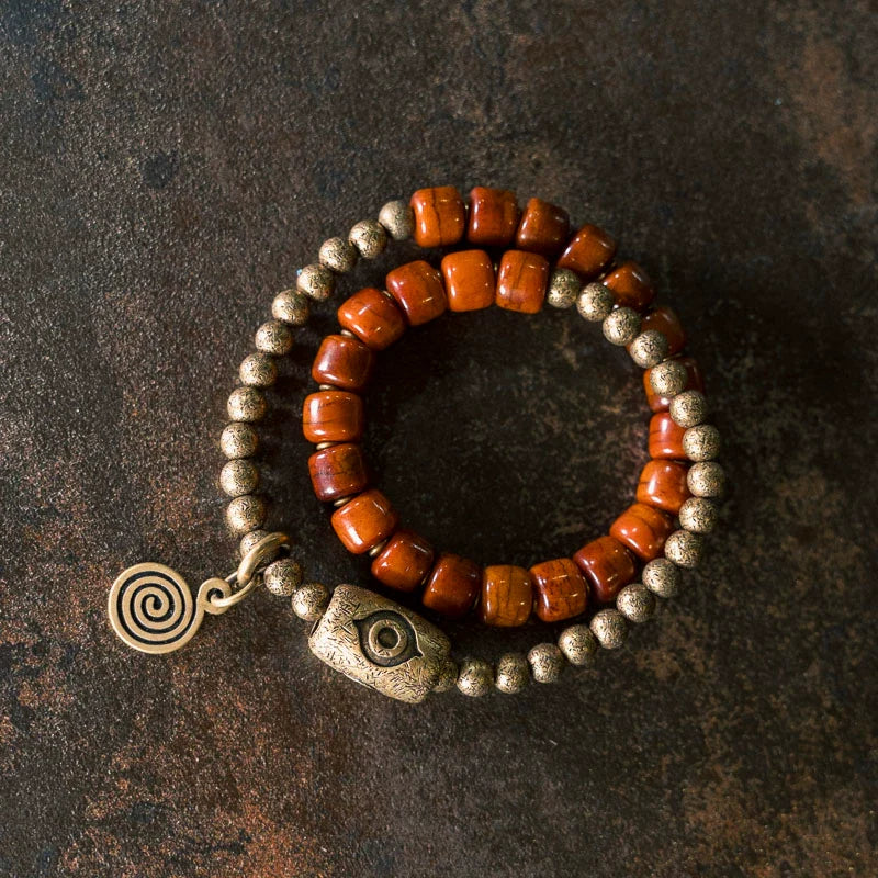 Tibetan Handmade Double-Wrap Yak Bone & Brass Dzi Bead Bracelet · Sacred Strength, Grounded Spirit