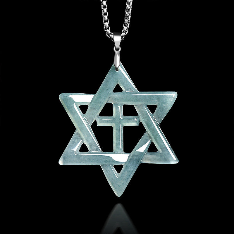 Natural Blue Water Jadeite Hexagram Cross Pendant – A-Grade Jade, S925 Silver, Unisex Fashion Necklace