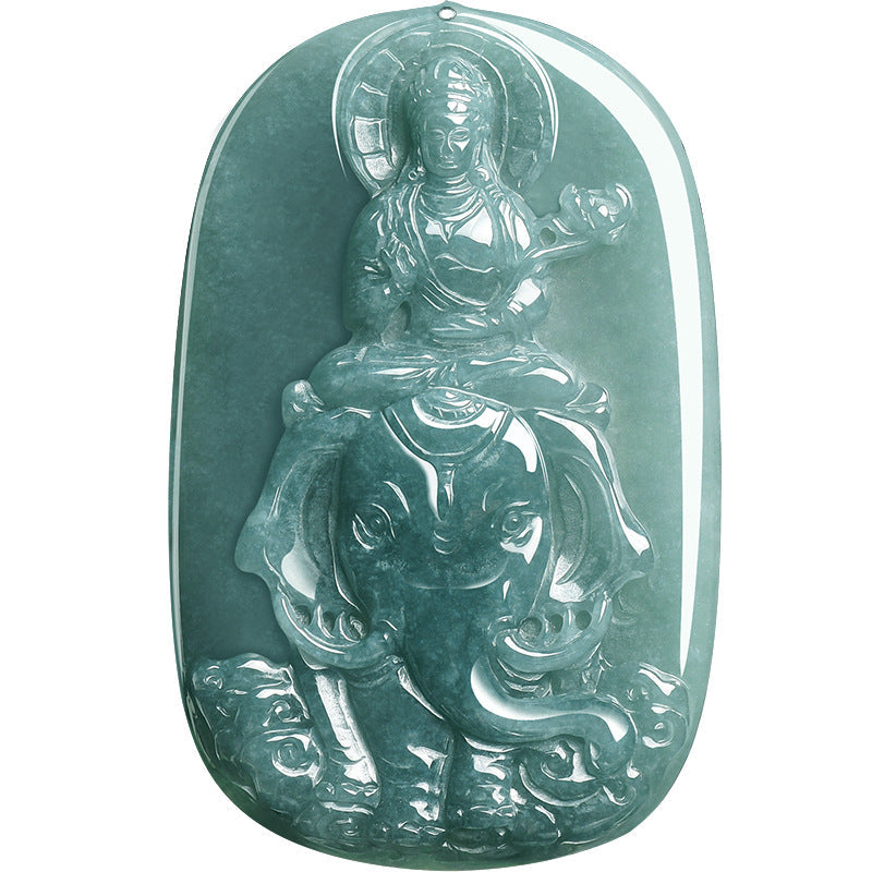 Natural Blue Water Jadeite Samantabhadra & Guanyin Pendant – A-Grade Jade, Zodiac Dragon & Snake Guardian Talisman
