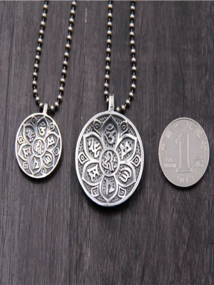 S925 Sterling Silver Retro Six-character Mantra Tag Safe Round Tag Pendant