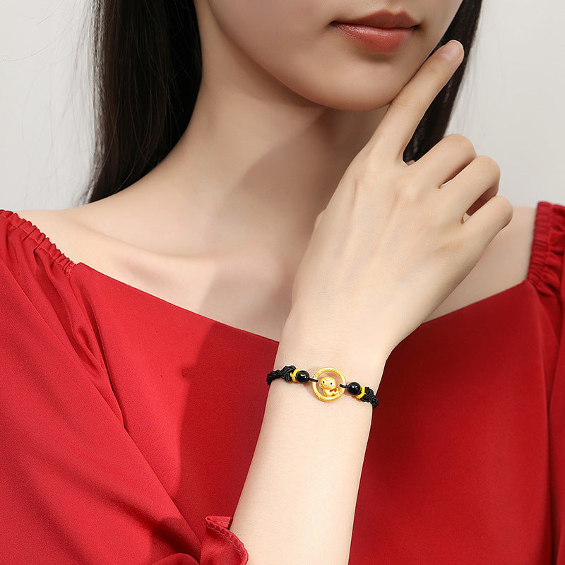 Women’s S925 Silver Peace Circle 12 Chinese Zodiac Bracelet – Woven Black Cord