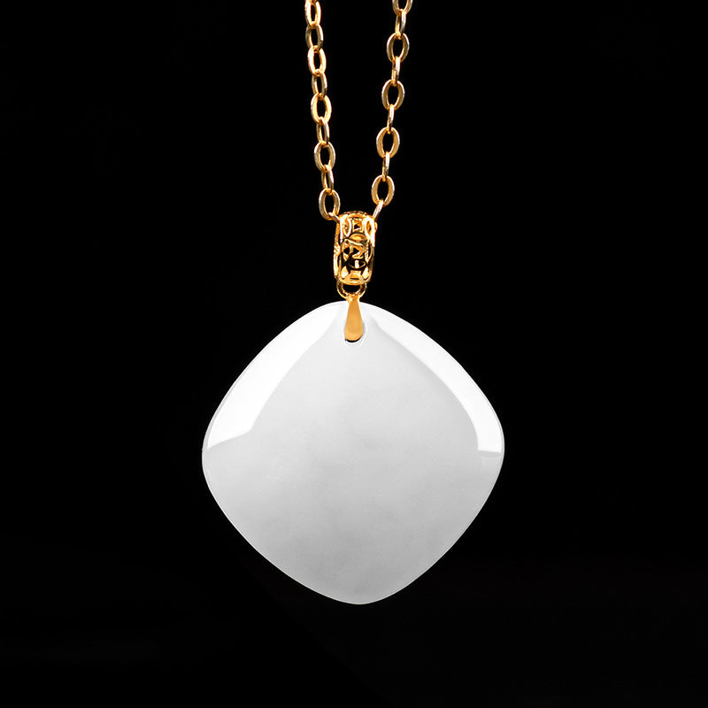 Natural Hetian Jade Square Pendant Necklace for Women