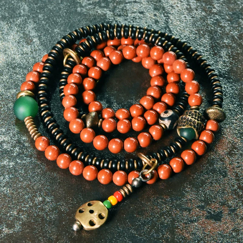 Vintage Wrap Bracelet · Red Agate, Ebony Wood & Brass · Multi-Layer Long Strand for Men and Women