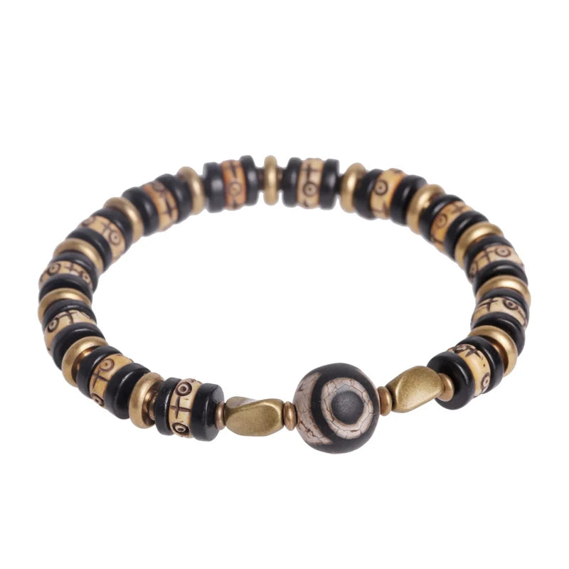 Tibetan-Style Hand-Carved Bone Bead Bracelet with Ebony and Brass Spacers, and Agate Dzi