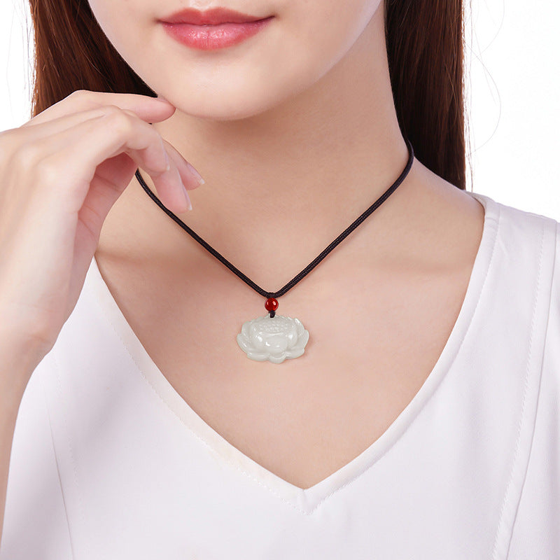 Natural Aged Hetian White Jade Lotus Pendant for Women