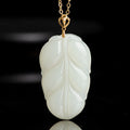 Natural Aged Hetian White Jade Gold Branch & Jade Leaf Pendant for Women