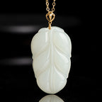Natural Aged Hetian White Jade Gold Branch & Jade Leaf Pendant for Women