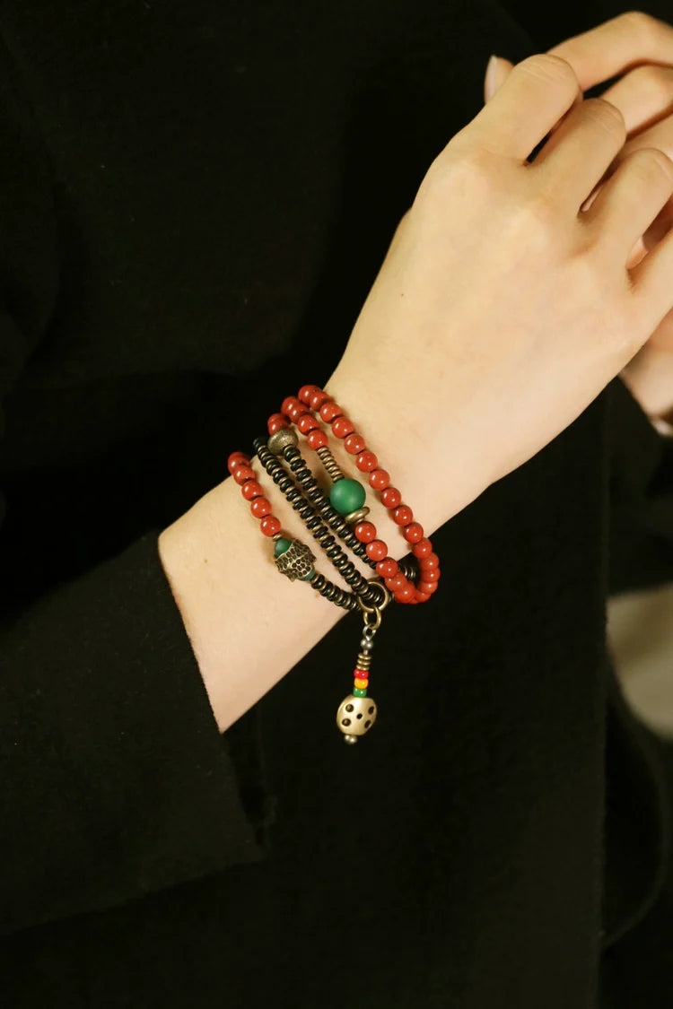 Vintage Wrap Bracelet · Red Agate, Ebony Wood & Brass · Multi-Layer Long Strand for Men and Women