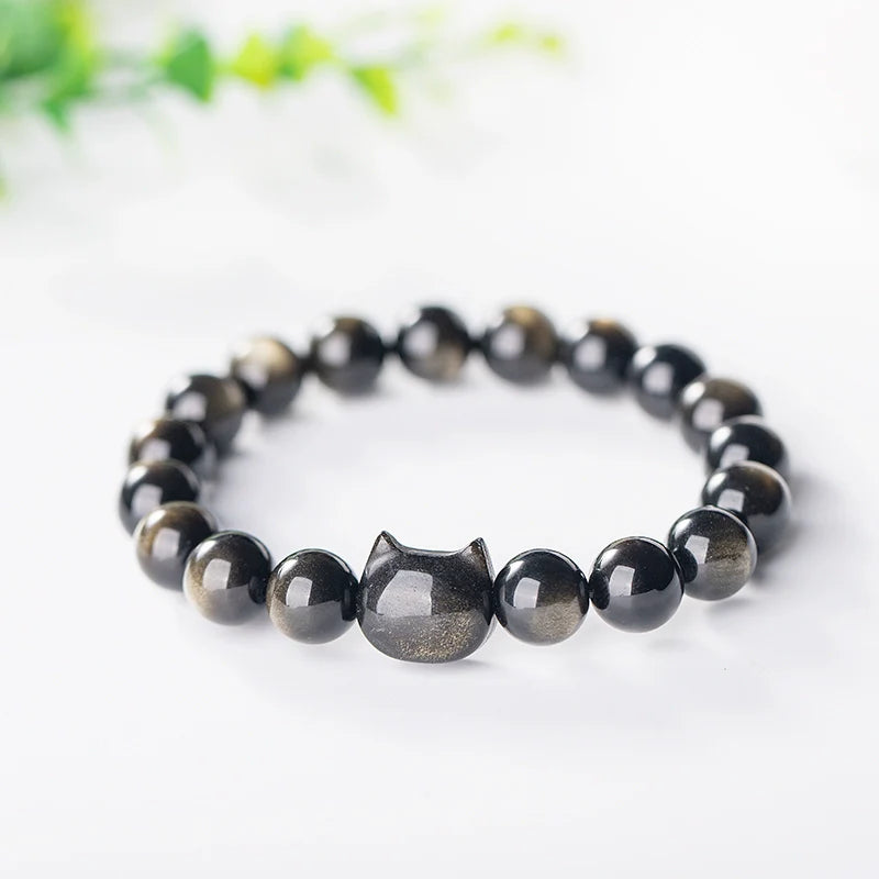 Natural Obsidian Cat Face Bead Bracelet – Natural Gold & Silver Obsidian, Dark Cat Style Jewelry