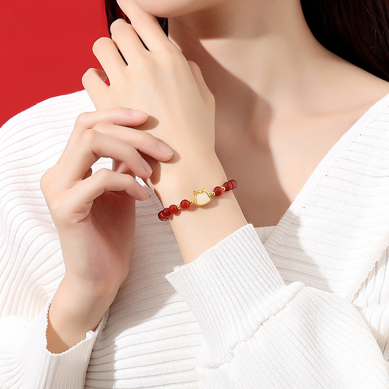Women’s S925 Silver Red Agate Lucky Horse Bracelet, Retro Chinese Zodiac Year Jewelry