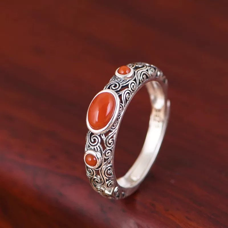 Adjustable S925 Silver Ring Vintage Sterling Silver Open Ring with Red Agate