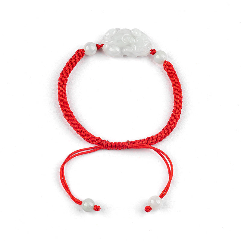 Natural Burmese A-Grade Jadeite Pi Xiu Bracelet – Hand-Carved Jade Charm, Handwoven Red or Brown Cord, Unisex Feng Shui Jewelry