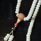 108 Mala Beads White Jade Bodhi Beads Bracelet with Boxwood Carved Heart Sutra Guru Bead