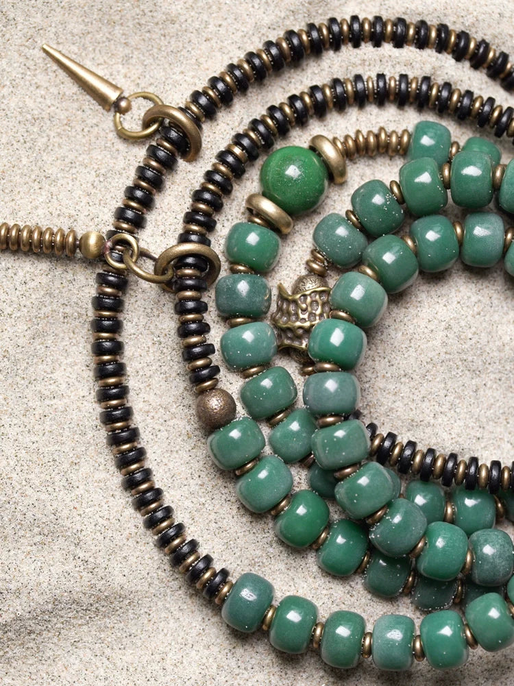 Green Bodhi Beads Bracelet with Ebony & Brass Spacers · Multi-Layer Spiritual Mala for Meditation & Mindfulness