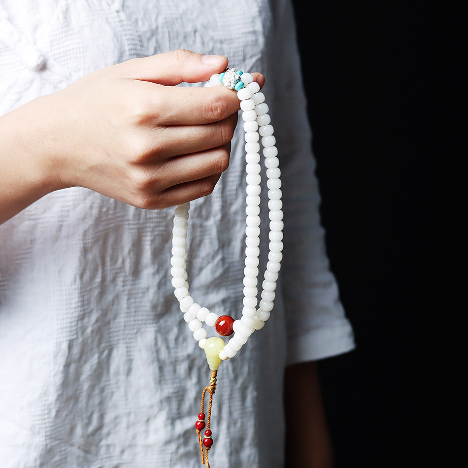 108 White Jade Bodhi Mala with Star and Moon Beads