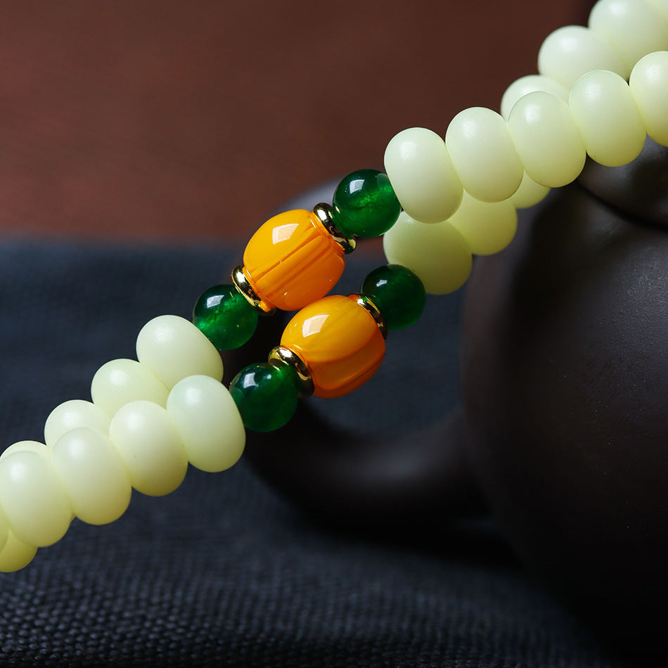 Natural Weathered Milky Yellow Bodhi Bracelet with Stone Accents – 108 Mala Beads for Women
