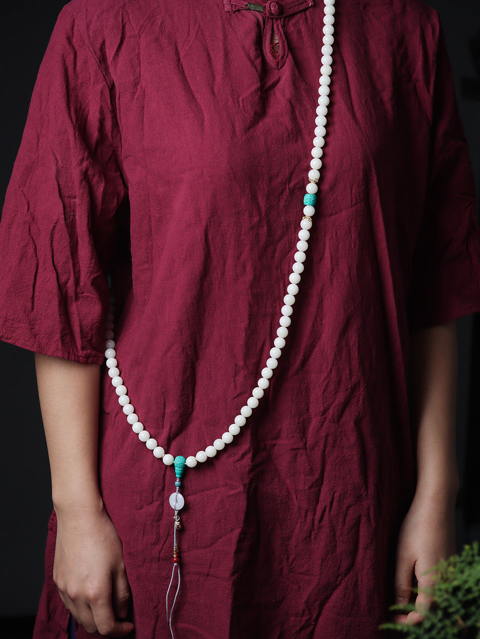High-Polish White Jade Bodhi 108 Mala Beads Necklace with Turquoise-Look Accents and Safety Buckle – Sweater Chain Crossbody Style