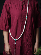 High-Polish White Jade Bodhi 108 Mala Beads Necklace with Turquoise-Look Accents and Safety Buckle – Sweater Chain Crossbody Style