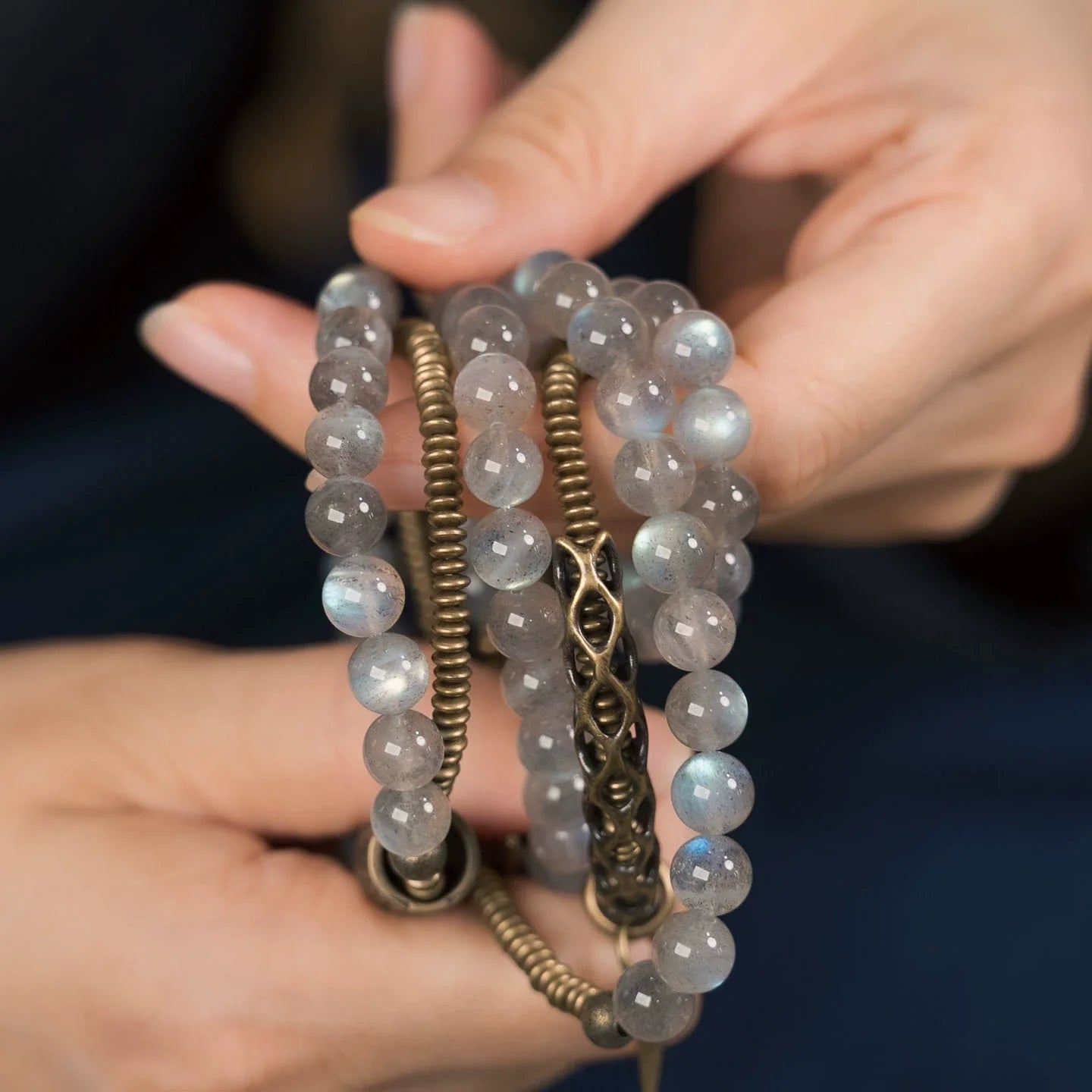 Tibetan-Inspired Multi-Layer Moonstone & Brass Bracelet · Lunar Light, Grounded Spirit