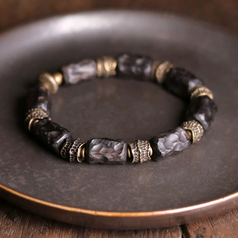 Tibetan Spiritual Jewelry Hand-Carved Ebony & Brass Bracelet for Protection