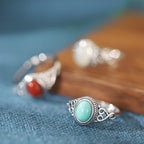 Vintage S925 Sterling Silver Ring with Agate & Turquoise – Adjustable Open Design for Women