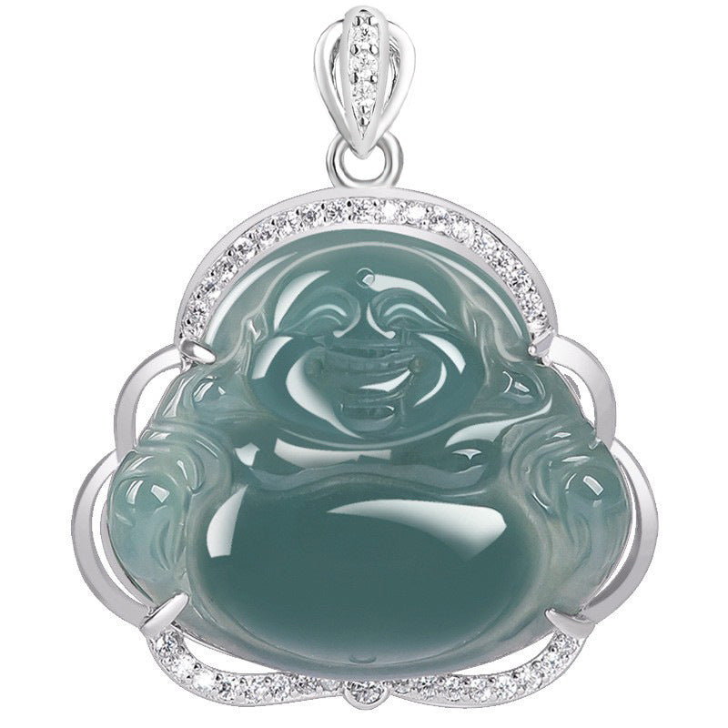 Natural Ice Blue Jadeite Buddha Pendant – A-Grade Blue Water Jade, S925 Silver Setting, 45cm Chain, Women’s Spiritual Talisman