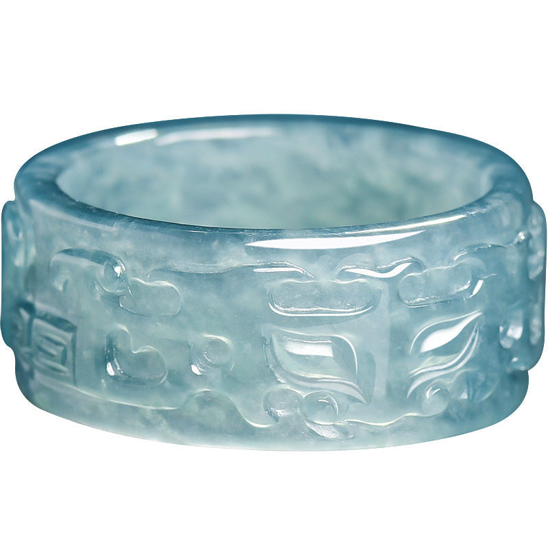 Natural A-Grade Blue Water Jadeite Taotie Ancient-Style Ring – Ice-Type Jade, Unisex Couple's Ring