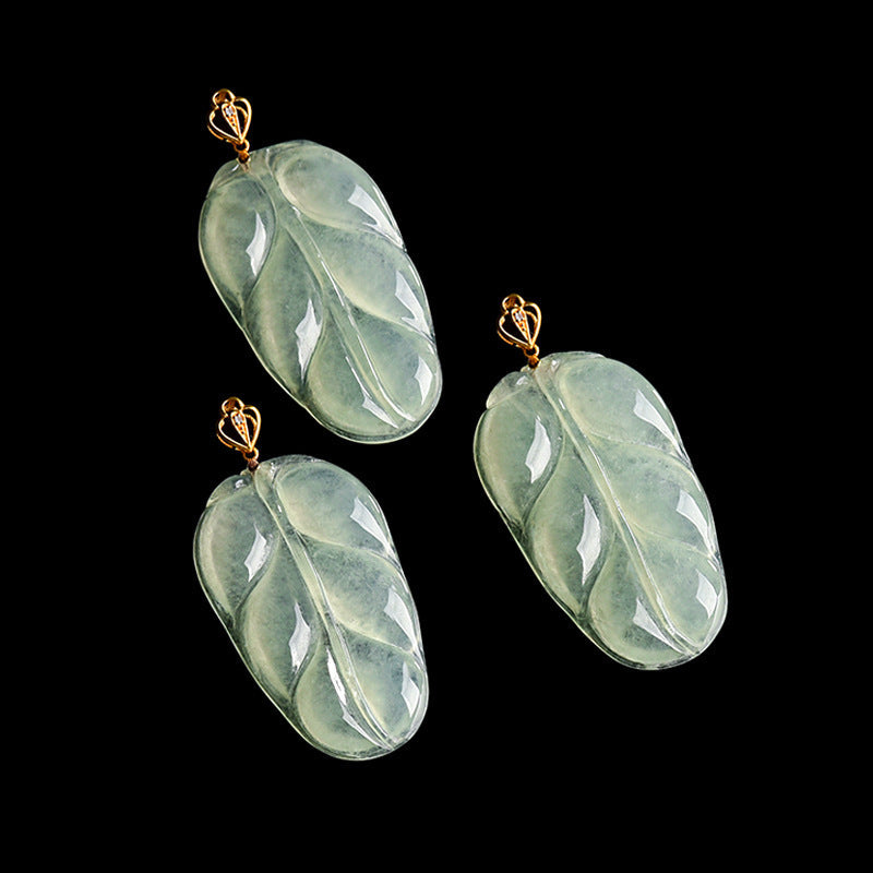 Natural Blue Water Jadeite Leaf Pendant with 18K Gold – A-Grade Jade, Elegant Symbol of Growth & Renewal