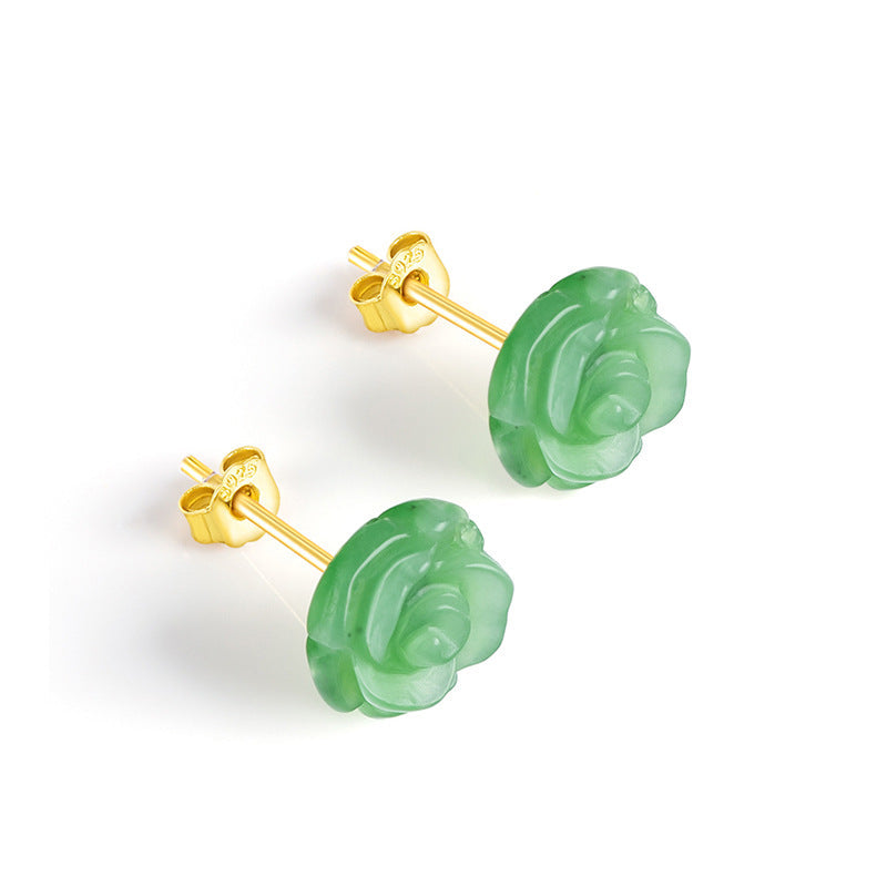 Women’s Aged Hetian Green Jade Rose Stud Earrings with S925 Silver Inlay