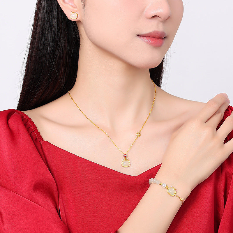 Natural Hetian Jade Mini Horse Head Jewelry Set – Necklace, Bracelet & Earrings for Women