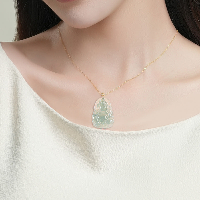 Natural Blue Water Jadeite Yellow Wealth God Pendant – A-Grade Ice-Type Jade, 18K Gold, Prosperity Talisman
