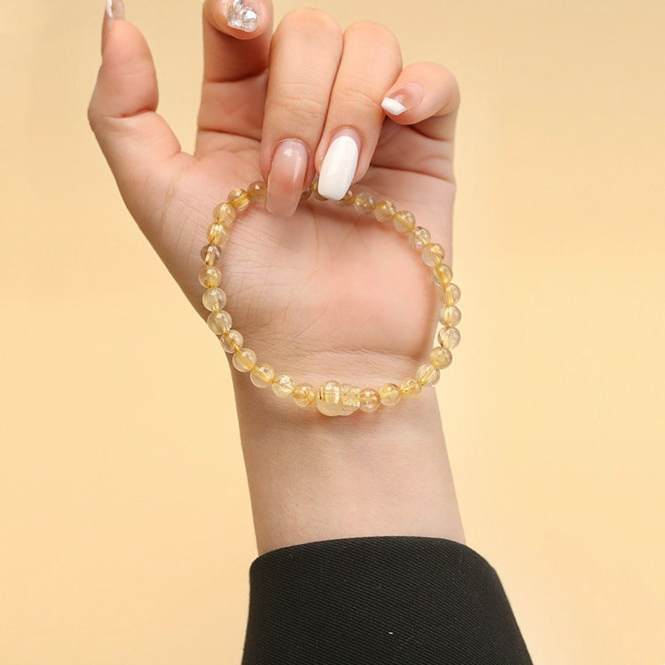 Natural Rutilated Quartz Handmade Beaded Pixiu Feng Shui Bracelet