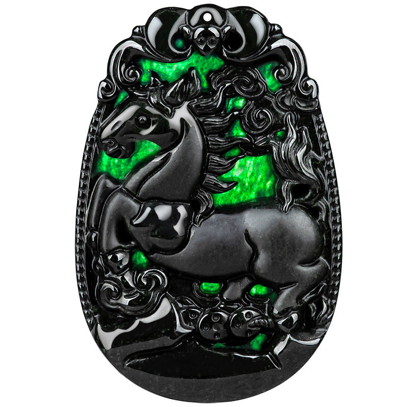 Natural A-Grade Black Jadeite Horse Zodiac Pendant