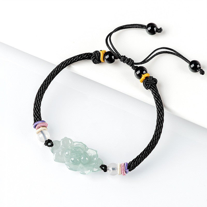 Natural A-Grade Jadeite Lotus Bracelet – Handmade Woven Cord Jewelry, Adjustable Lucky Charm for Men & Women