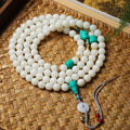 High-Polish White Jade Bodhi 108 Mala Beads Necklace with Turquoise-Look Accents and Safety Buckle – Sweater Chain Crossbody Style