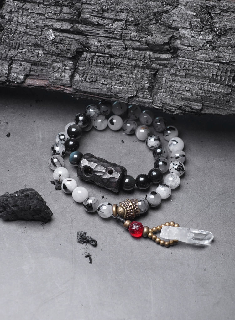 Double-Layer Black Rutilated Quartz Bracelet with White Crystal Pendant for Protection & Mental Clarity