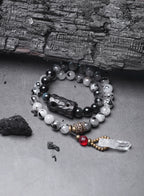 Double-Layer Black Rutilated Quartz Bracelet with White Crystal Pendant for Protection & Mental Clarity